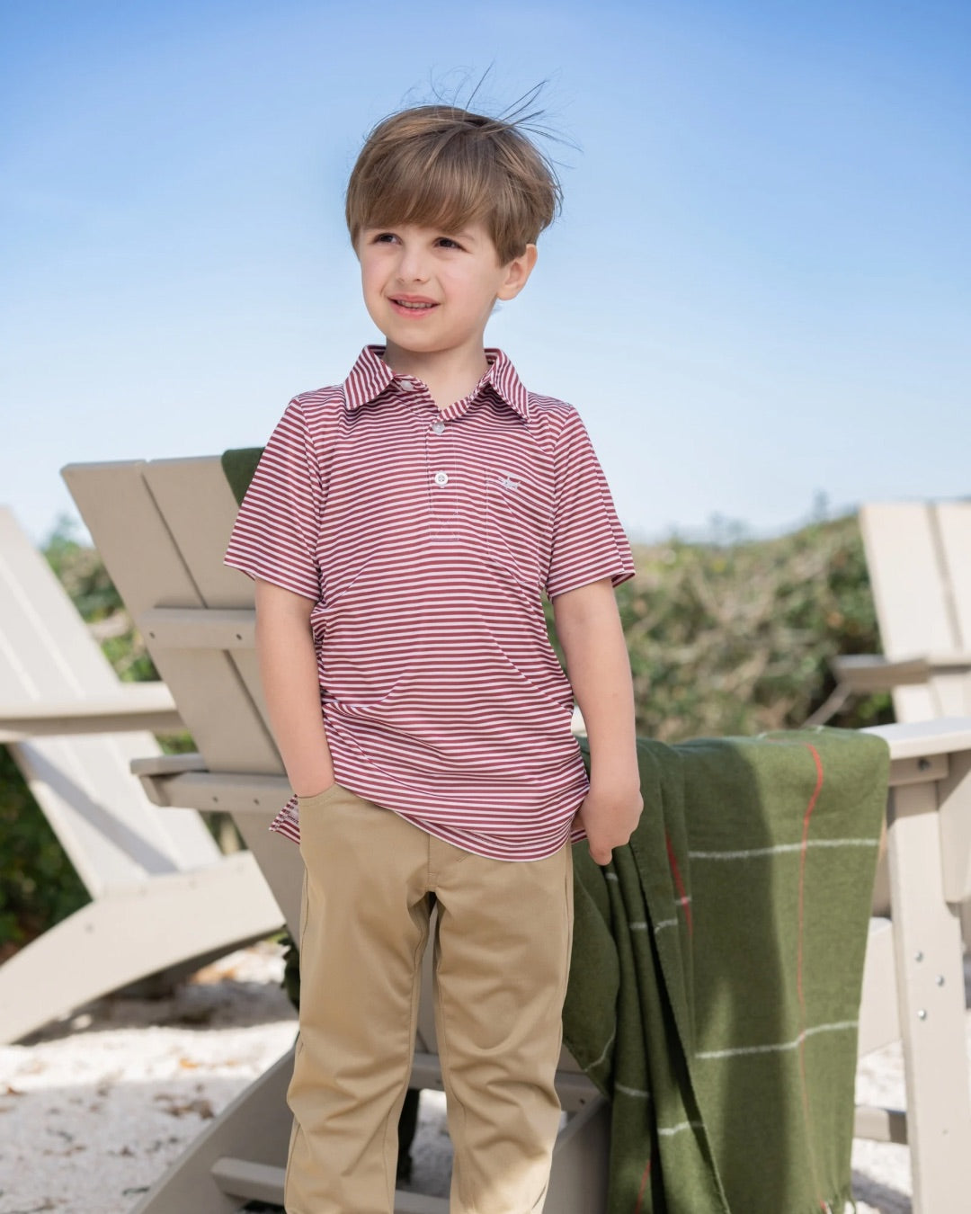 Inshore Performance Polo with UPF, Maroon Stripe