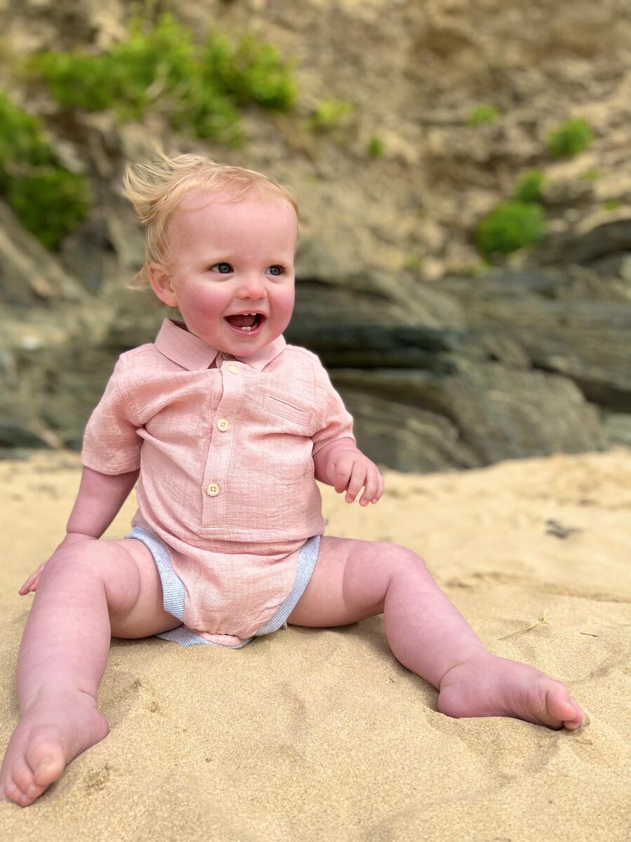 Helford Woven Onesie, Peach Grid
