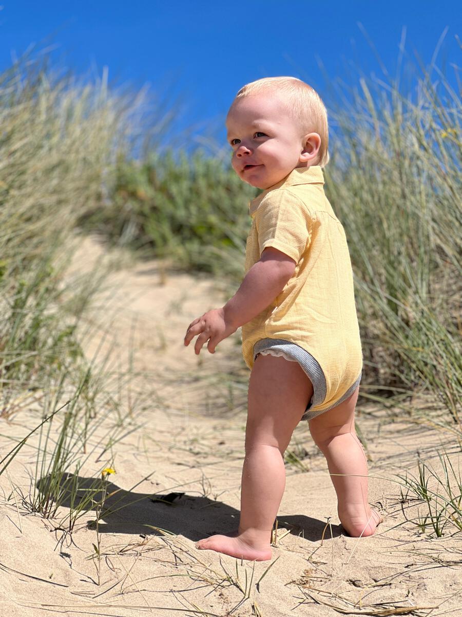 Helford Woven Onesie, Gold Microcheck