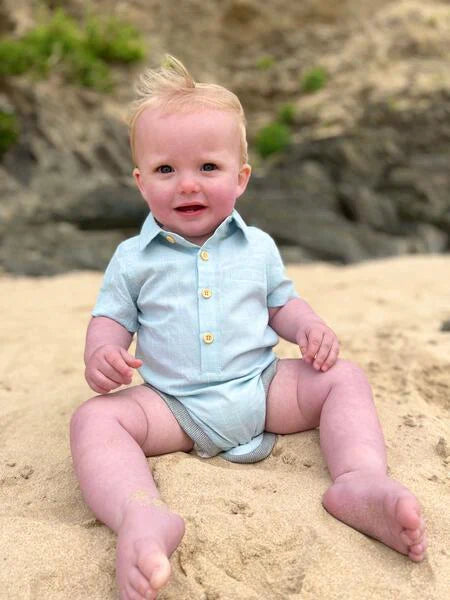 Helford Woven Onesie, Blue Grid