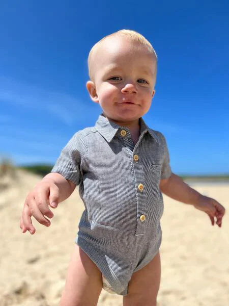 Helford Woven Onesie, Charcoal Microcheck